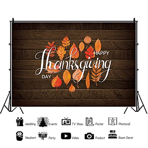 8x6ft Polyester Happy Thanksgiving Backdrop Fall Maple Leaves Rustic Brown Wooden Board Photography Background for Autumn Harvest Party Theme Banner Decor YouTube Photo Props - size: 8x6ft-Polyester