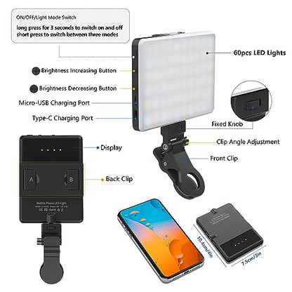 Selfie Light, Phone Light with Front & Back Clip, 60 LED Portable Light with 3 Modes, 5000mAh Rechargeable Video Light for Phone, iPhone, IPad, Laptop, TikTok, Makeup, Live Stream, Vlog - color: Black