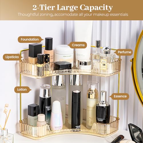 Aveniee Corner Bathroom Counter Organizer, Bathroom Countertop Shelf Makeup Organizer for Vanity Perfume Tray for Corner Storage (2 Tiers, Gold) - color: Amber Gold, size: 2 Tier