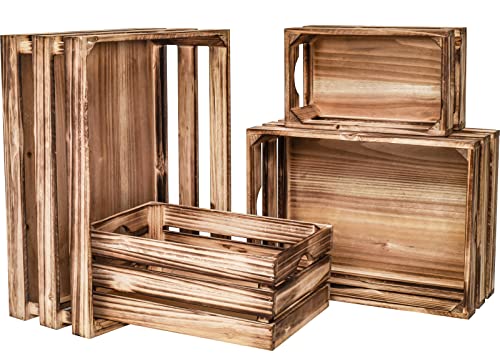 Set of 4 Large Torched Wood Decorative Storage Crates, Nesting Wooden Crates for Display Rustic, Farmhouse Wooden Storage Container Boxes Made from 100% Wood - color: Torched Brown