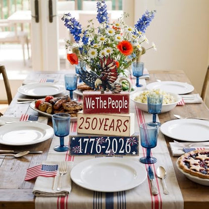 GlikCeil 4 Pcs 250th Anniversary Table Decoration 4th of July Tiered Tray Decor Eagle Patriotic Wooden Block Sign 1776-2026 Independence Day Centerpiece Rustic Star Tabletop Eagle Decor for Indoor - style: Eagle