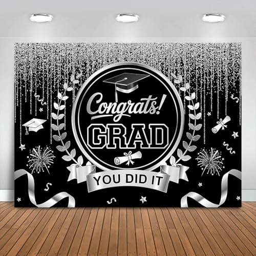 Graduation Backdrop Congrats Grad You Did It Party Decorations Background Congratulations Graduate Class of 2026 Banner Photo Booth Props (Black and Silver, 7x5ft) - color: Black and Silver