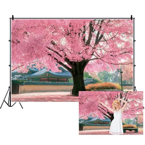 Renaiss 5x3ft Pink Cherry Blossom Backdrop Polyester Fabric Japan Cherry Floral Tree Landscape Palace Asian Themed Party Photography Background Wedding Birthday Party Decor Photo Booth Props - color: WSNWH17693, size: 5x3ft
