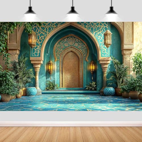 5X3ft DYNH Arabian Moroccan Nights Party Backdrop, Morocco Palace Arch Architecture Middle Eastern Teal Luxurious Backdrop for Moroccan Wedding Birthday Party Background Decorations Photo Studio Props - color: Turquoise4, size: 5 x 3 ft