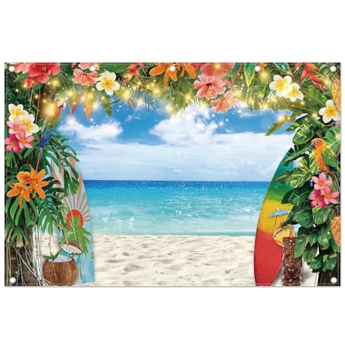 12x8ft Fabric Summer Hawaiian Beach Photography Backdrop Tropical Flower Palm Leaves Surfboard Background Aloha Luau Decorations Photo Banner - size: 12'x8'
