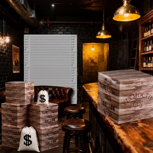 Eaasty 19 Pcs Roaring 20s Party Decorations Photo Booth Props Speakeasy Decor Height Chart Backdrop Wood Grain Boxes Wanted Sign Dollar Sacks for Retro Jazz Twenties 1920 Party Decor