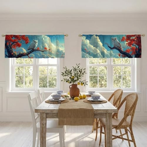 Owl Curtain, Two-Pack, Autumn Tree Branch Sky Fantasy Red Leave,Applicable to Bathroom, Bedroom, 54x18 inches. - color: Owl