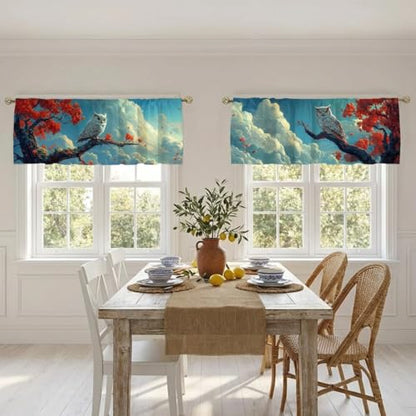Owl Curtain, Two-Pack, Autumn Tree Branch Sky Fantasy Red Leave,Applicable to Bathroom, Bedroom, 54x18 inches. - color: Owl