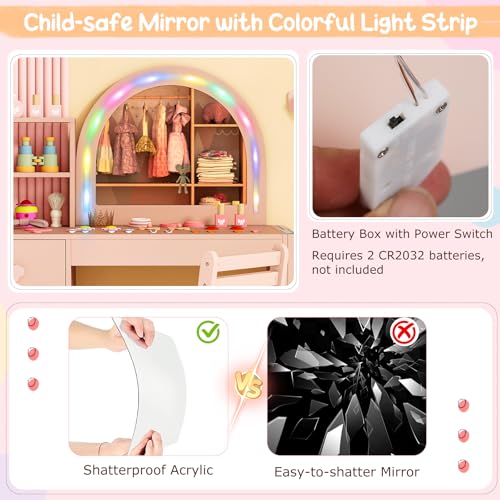 Costzon Kids Vanity, Girls Vanity Set with Lighted Mirror, Bookshelf, Drawer, Storage Cabinet & Shelves, Toddler Makeup Vanity Desk Dressing Table, Wooden Kids Vanity Table and Chair Set (Pink) - style: Pink with Bookshelf