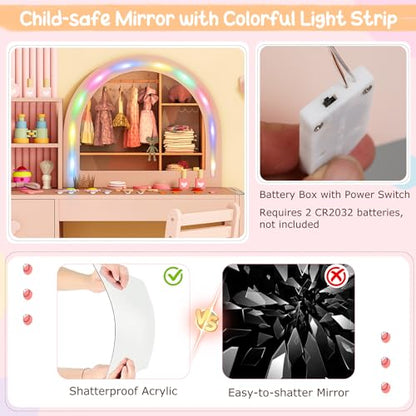 Costzon Kids Vanity, Girls Vanity Set with Lighted Mirror, Bookshelf, Drawer, Storage Cabinet & Shelves, Toddler Makeup Vanity Desk Dressing Table, Wooden Kids Vanity Table and Chair Set (Pink) - style: Pink with Bookshelf