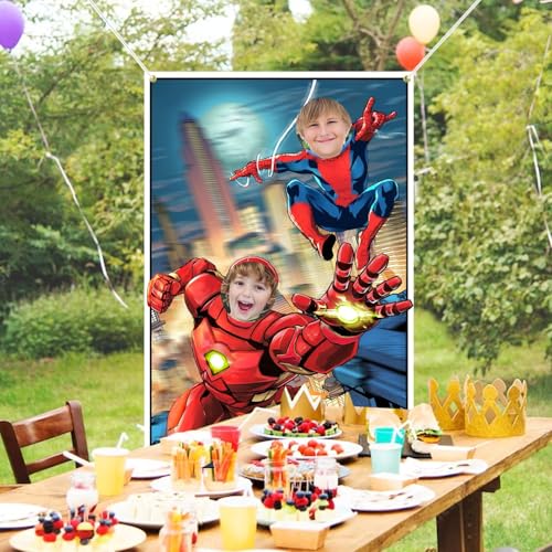 Comic Superhero Backdrop 3.3 x 5 ft, Super Hero Face Cutout Photo Props, Cityscape Comic Book Photography Background, Superhero Birthday Party Decoration Kids Photo Booth Props