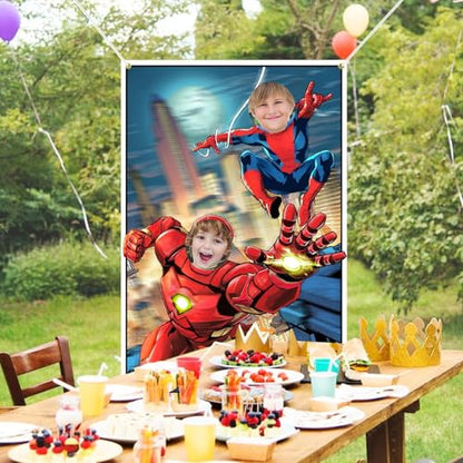 Comic Superhero Backdrop 3.3 x 5 ft, Super Hero Face Cutout Photo Props, Cityscape Comic Book Photography Background, Superhero Birthday Party Decoration Kids Photo Booth Props