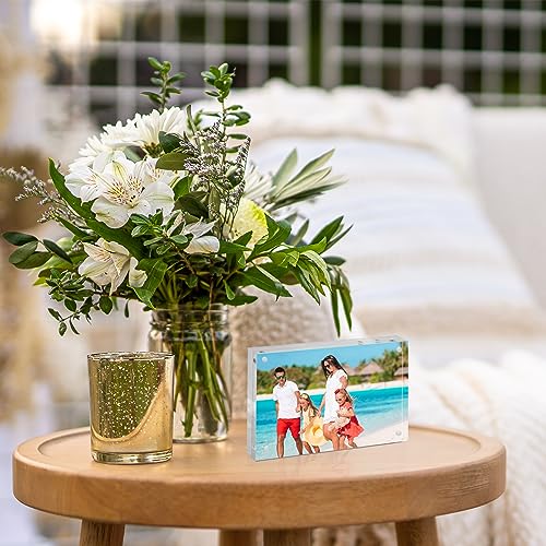 TWING 2 Pack Picture Frames Acrylic 4 x 6, Horizontal Magnet Double Sided 4x6 Picture Frame, 10+10MM Thick Clear Frameless Desktop Display Self Standing Magnetic Acrylic Block Photo Frame Gift Ideal - size: 4x6" 2pack