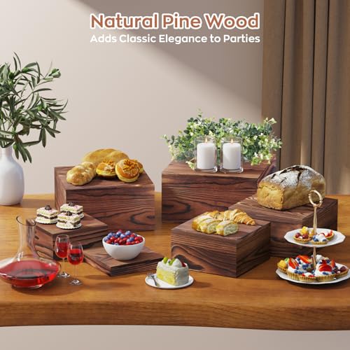 6 PCS Wooden Buffet Risers, Wood Display Risers for Food, Wooden Square Risers Display Stands, Food Risers for Buffet Table (10", 9" , 8", 7", 6", 5") with 67" Faux Greenery Vine