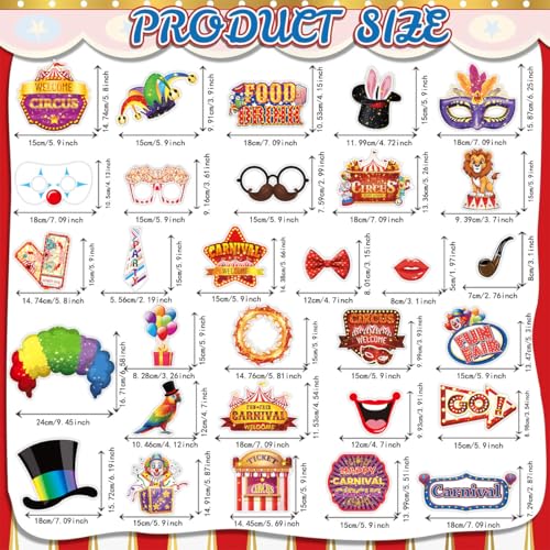 Carnival Photo Booth Props, Konsait 30Pcs Circus Carnival Photo Props - Carnival Theme Party Decorations Selfie Picture Props, Circus Photo Booth Props Party Favors