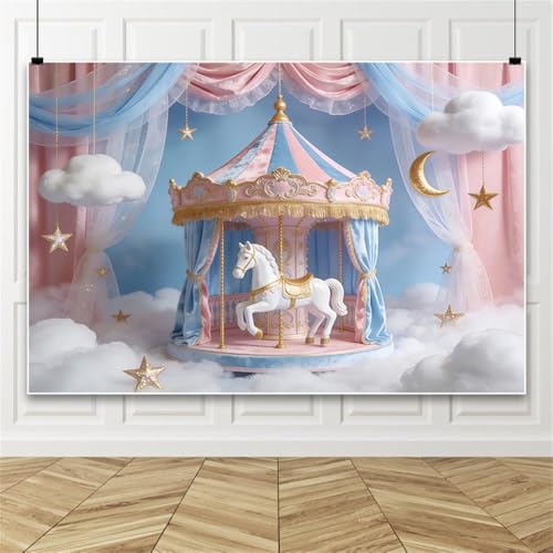 5x3ft Cloud Carousel Backdrop Pink Blue Gold Carousel Horse Clouds Stars Moon Sheer Curtains Photo Background for Princess Birthday Party Baby Shower Wedding Decor Photo Booth Props Polyester - color: Pink Blue, size: 5x3ft