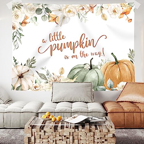 Little Pumpkin Baby Shower Backdrop Fall Autumn White Floral Leaves Photography Background Kids Girls Newborn Baby Shower Party Party Decorations Supplies Banner Photo Studio Booth Props 7x5ft