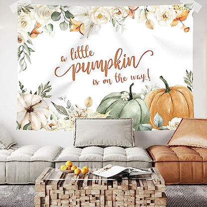 Little Pumpkin Baby Shower Backdrop Fall Autumn White Floral Leaves Photography Background Kids Girls Newborn Baby Shower Party Party Decorations Supplies Banner Photo Studio Booth Props 7x5ft