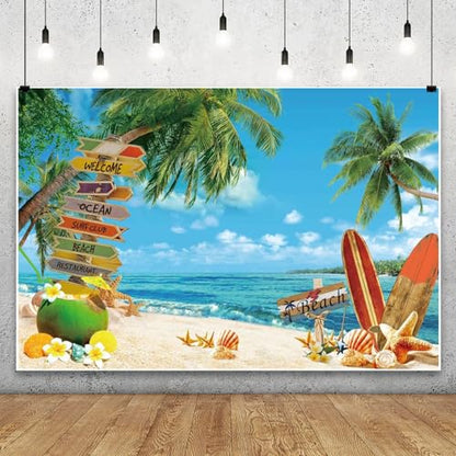 Leowefowa 10x8ft Summer Surfboard Party Photography Backdrop Summer Beach Tropical Tree Blue Sky Seaside Background Hawaiian Beach Party Banner Decor Photo Supplies Prop - size: 10x8ft