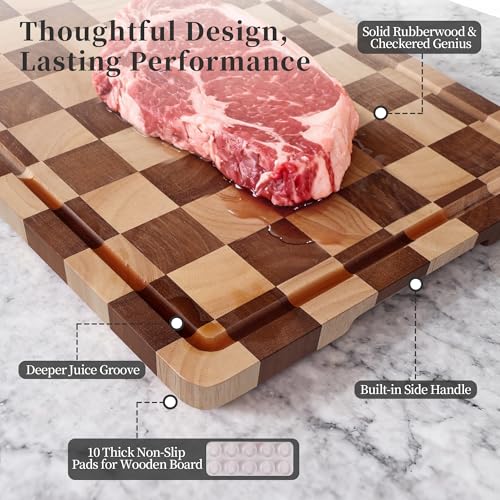 Checkered Cutting Board and Acrylic Cutting Board Set, 2 PCS Cutting Boards for Kitchen, Checkerboard Solid Wood End Grain Chopping Board with Juice Groove & Acrylic Cooking Board with Counter Lip - style: Acrylic board +Checkerboard