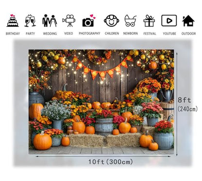 10x8ft Fall Pumpkin Backdrop Autumn Thanksgiving Harvest Hay Leaves Wooden Background Fall Baby Shower Birthday Banner Decoration Party Supplies 341