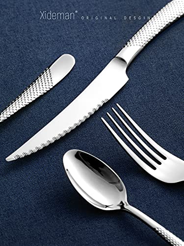 16-Piece Modern Hammered Cutlery Set with Ultra Sharp 2-in-1 Serrated Knife, 18/10 Stainless Steel Silverware Flatware Set Service for 4, Tableware Utensil, Forks Spoons Knives Set - color: Silver