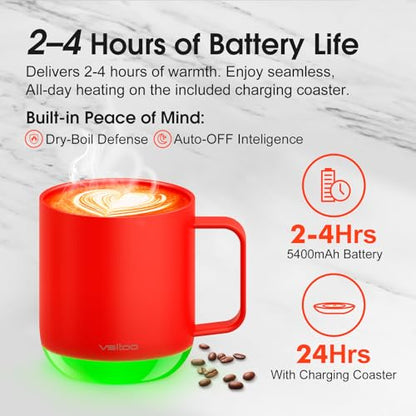 Vsitoo S6 Plus Smart Coffee Mug, 12oz,Temperature Controlled Mug & Electric Coffee Mug with Music Sync Lights，Auto-Sensing AI Heats Drinks to 120-150°F Hands-Free. Ideal for Home/Office/Gifts - Red - color: Red