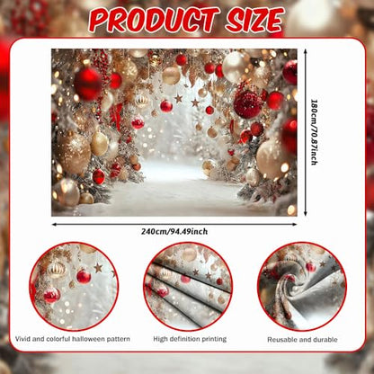 8x6ft Winter Christmas Backdrop for Photography Red Bell Glitter Snowflake Snow White Pearl Photography Background Holiday Kid Family Portrait Xmas Tree Banner Photo Booth Studio Props