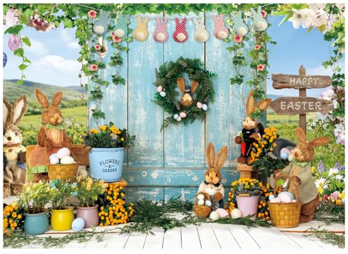 ChromaVerse 7X5FT Easter Photography Backdrop, Spring Bunny Theme with Rustic Wood Door, Flowers and Happy Easter Decoration CV-200 - size: 7X5FT