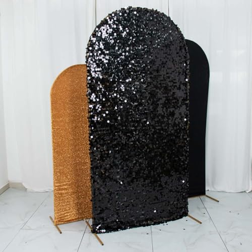 Efavormart Set of 3 Black Gold Chiara Arch Backdrop Covers (7ft/6ft/5ft), Round Top Snug Fit, Double-Sided Big Sequin, Tinsel & Spandex Mixed Texture for Anniversary, Gala, Events - color: Black/Gold