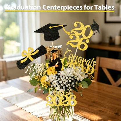 Babycop Graduation Decorations 2026 – 20PCS Graduation Centerpieces for Tables in 5 Black & Gold Designs, Class of 2026 Table Decorations for Grad Party, Photo Props/Flower Arrangement