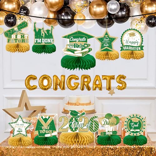 10PCS Graduation Party Decorations Class of 2026 Congrats Grad Table Centerpieces Congratulate Graduation Honeycomb Table Toppers for Graduation Party Supplies(Green Gold) - color: Green Gold