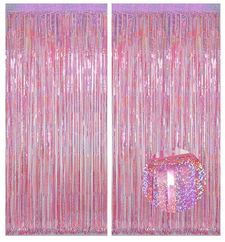 Melsan Pink Tinsel Curtains Backdrop, 3.2 ft x 8.2 ft Sparkle Metallic Foil Curtains for Mothers Princess Birthday Party Photo Background Decoration, 2 Pack - color: Pink