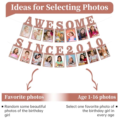 Pre-strung Awesome Since 2010 Photo Banner Birthday Decorations for Girls Women- Pink Rose Gold Glitter Sweet 16th Birthday and Anniversary Decorations Party Supplies - style: Pink Rose Gold 16th