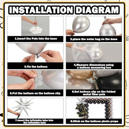 Seenelling 244 Pcs Black and Silver Graduation Balloon Arch Kit with Balloon Arch Stand Graduation 2026 Party Photo Booth Prom Backdrop for Celebrations High School Birthday Party Decoration