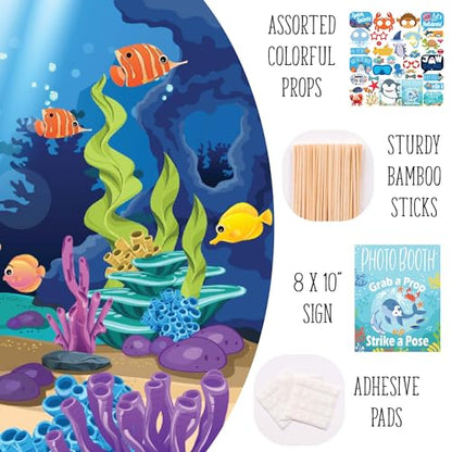 Under The Sea Photo Booth Props - 41-pc Photobooth Kit with 8 x 10-Inch Sign, 60 Adhesive Pads, 45 Sticks - Under The Sea Decorations - Under The Sea Party Decorations