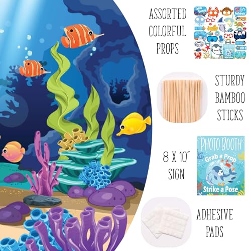 Under The Sea Photo Booth Props - 41-pc Photobooth Kit with 8 x 10-Inch Sign, 60 Adhesive Pads, 45 Sticks - Under The Sea Decorations - Under The Sea Party Decorations