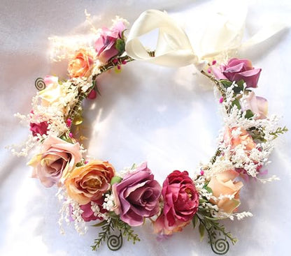 Flower Crown Rose Flower Headband Floral Crown Headpiece Halo Wedding Bridal Party Halloween Photos - color: rosy red