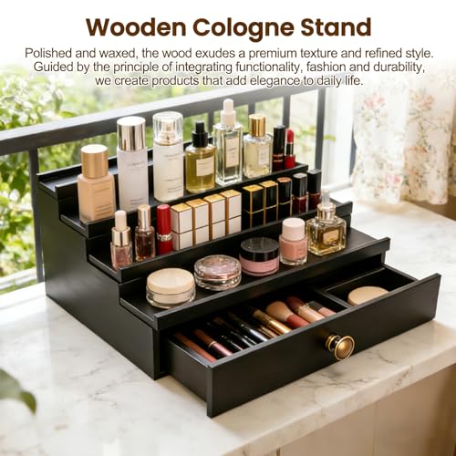 Men's Cologne Organizer 4 Tier Wooden Perfume Stand with Hidden Compartment & Bottom Drawer, Handmade Pine Wood Fragrance Display Shelf Storage for Cologne, Watches, Jewelry, Makeup Organizer