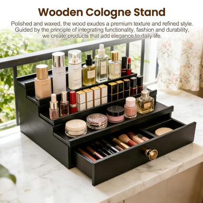 Men's Cologne Organizer 4 Tier Wooden Perfume Stand with Hidden Compartment & Bottom Drawer, Handmade Pine Wood Fragrance Display Shelf Storage for Cologne, Watches, Jewelry, Makeup Organizer
