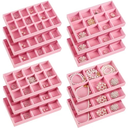 Junkin 12 Pcs Jewelry Tray Velvet Stackable Jewelry Organizer Trays Divided Earring Accessories Storage Containers Box (Rose Red) - color: Pink
