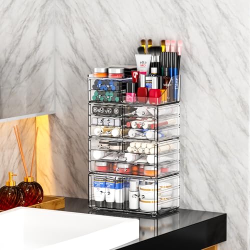 Cq acrylic Make Up Organizers for Vanity With 14 Drawers, 4 Pack Clear Drawer Organizers,Plastic Cute Desk Accessories Organization and Bathroom Organizers Storage Case Box Cube for Beauty,Skin Care - size: 14 Drawers-Set of 4