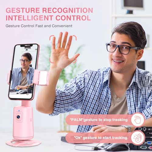 Auto Face Tracking Tripod 360° Rotating Cell Phone Photo and Video Kits Stand, No App, Camera Stand with Remote and Gesture Control, Rechargeable Smart Shooting Stand for Live Recording Tiktok（Pink） - color: Light Pink
