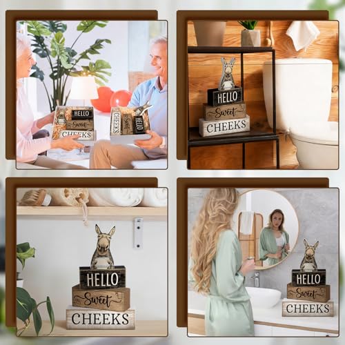 Moucuny 4 Pcs Donkey Bathroom Decor Set Farmhouse Bathroom Decor and Accessories Rustic Hello Sweet Cheeks Wooden Blocks Signs Funny Donkey Toilet Shelf Decoration for Home Office Half Bath - style: Donkey