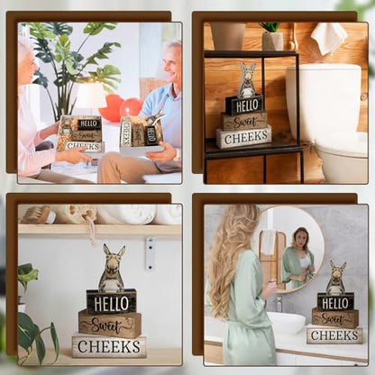 Moucuny 4 Pcs Donkey Bathroom Decor Set Farmhouse Bathroom Decor and Accessories Rustic Hello Sweet Cheeks Wooden Blocks Signs Funny Donkey Toilet Shelf Decoration for Home Office Half Bath - style: Donkey