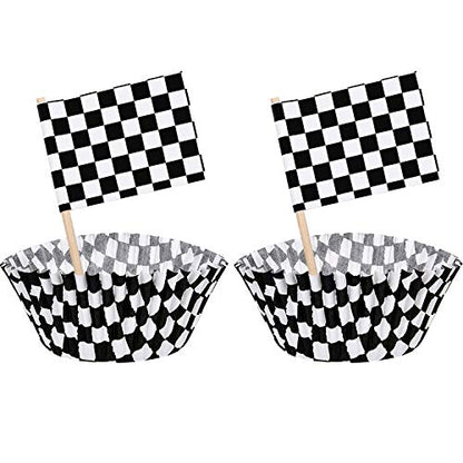 TecUnite 100 Pcs Race Car Checkered Flag Cupcake Wrappers Liners and 100 Pcs Cupcake Toppers Race Car Party Cake Decoration for Racing Checkered Theme Birthday Party (Black and White)