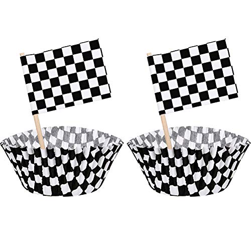 TecUnite 100 Pcs Race Car Checkered Flag Cupcake Wrappers Liners and 100 Pcs Cupcake Toppers Race Car Party Cake Decoration for Racing Checkered Theme Birthday Party (Black and White)
