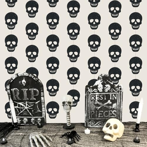 Xinnun Skull Party Decorations Black Skeleton Hanging Banners Garland Gothic Theme Banner Cutouts Ribbon Streamers for Halloween Spooky Funny Funeral Birthday Party Decor Supplies(Skull) - style: Skull