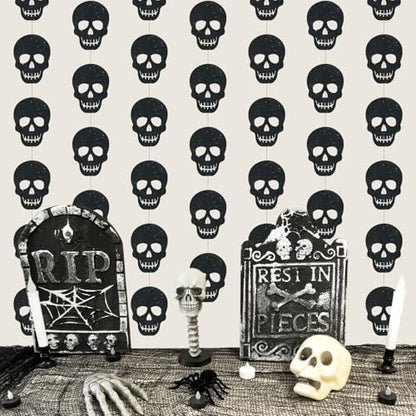 Xinnun Skull Party Decorations Black Skeleton Hanging Banners Garland Gothic Theme Banner Cutouts Ribbon Streamers for Halloween Spooky Funny Funeral Birthday Party Decor Supplies(Skull) - style: Skull