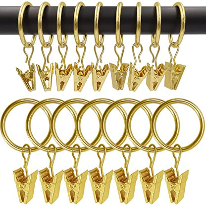 WeeksEight 44 Pack Gold Curtain Rings with Clips, Curtain Hooks Hangers Clip Rings for Hanging Drapes Bows Hat, Drapery Rings 1 in I D, Fits up to 5/8 in Diameter Curtain Rod. - color: Gold, size: 1" I D Set of 44
